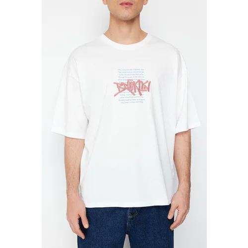 Trendyol Ecru Men's Oversize Printed Embroidered 100% Cotton T-Shirt