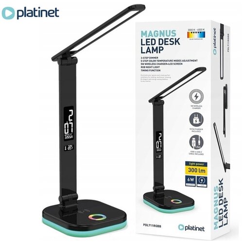 Platinet LED RGBW prigu&scaron;iva lampa sa bežičnim punjenjem, displejom i USB portom 6W/5V 3000-6500K crna Cene