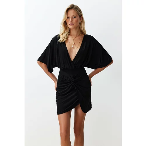 Trendyol Black Fitted Mini Knitted Gathered Beach Dress