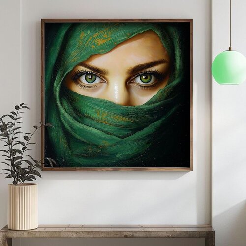 Wallxpert uramljena mdf slika DOS053-70, zelene oči žene pod zelenim velom, 70 x 70 cm Cene