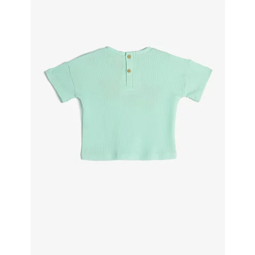 Koton Short-Sleeved T-shirt with Back Button Fastening, Round Neck Cotton and Printed