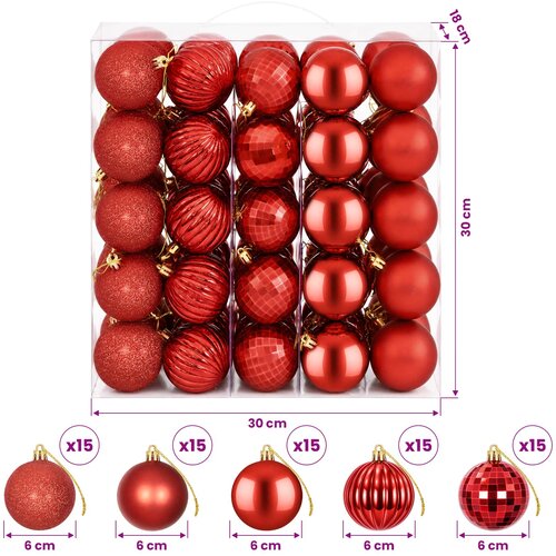  Set božićnih kuglica 75 kom. Crvena 6 cm Polistiren Slike