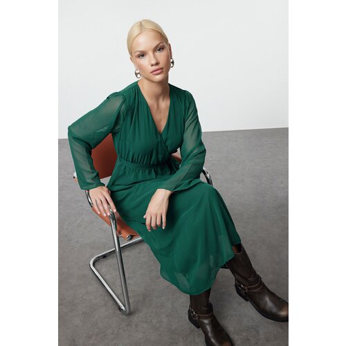 Trendyol Emerald Green Belted A-Line Double-Breasted Collar Lined Chiffon Maxi Woven Dress Cijene