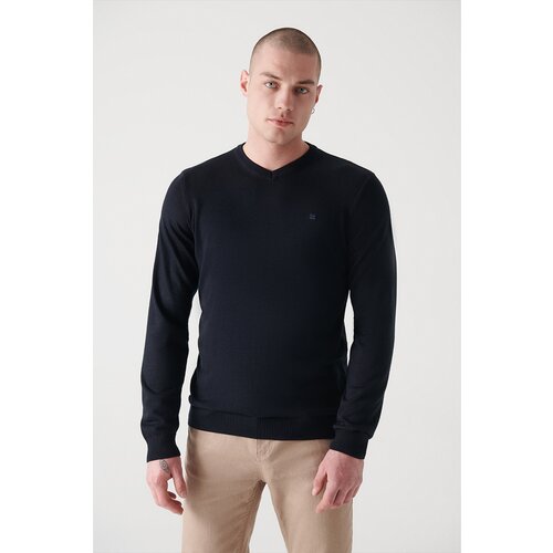Avva Men's Black V Neck Wool Blended Standard Fit Regular Cut Knitwear Sweater Slike