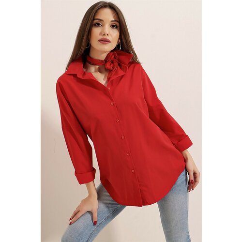 By Saygı Oversize Long Basic Shirt Red Cene