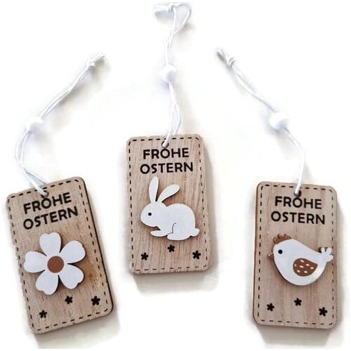 NIKCORP Leseni velikonočni obeski za dekoracijo, motiv zajček, pi&scaron;čanec in cvetje, naraven les, set 3 kosi, vi&scaron;ina 6 cm, (5000156586) Cene