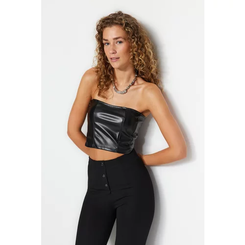Trendyol Black Faux Leather Strapless Crop Bustier With Zipper Back