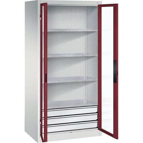 C+P Omara s krilnimi vrati z akrilnim steklom, VxŠxG 1950 x 930 x 600 mm, 4 police, 3 predali, svetlo sive / rubinasto rdeče barve Cene