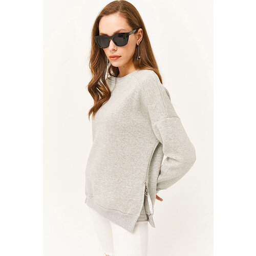 Olalook Women's Gray Side Zipper Detail Fleece Thick Sweatshirt Slike