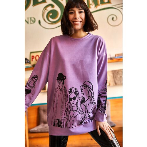 Olalook Women's Lilac Figured Oversized Sweatshirt Cene