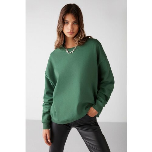 GRIMELANGE Susana Women's Crew Neck With Fleece Inside Oversize Fit Basic Green Sweatshir Slike