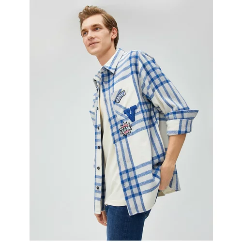 Koton Plaid College Shirt Jacket Embroidered Pocket Detailed Classic Collar