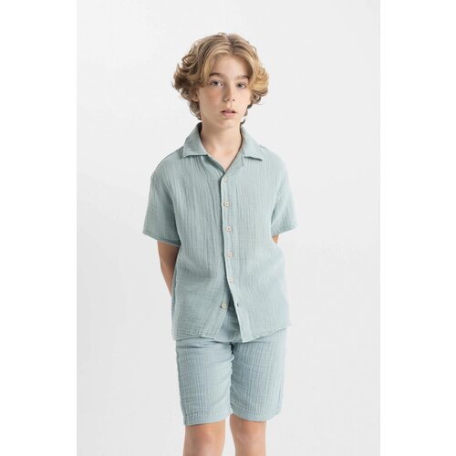 Defacto Boy's Oversize Fit Polo Neck Muslin Short Sleeve Shirt Cene