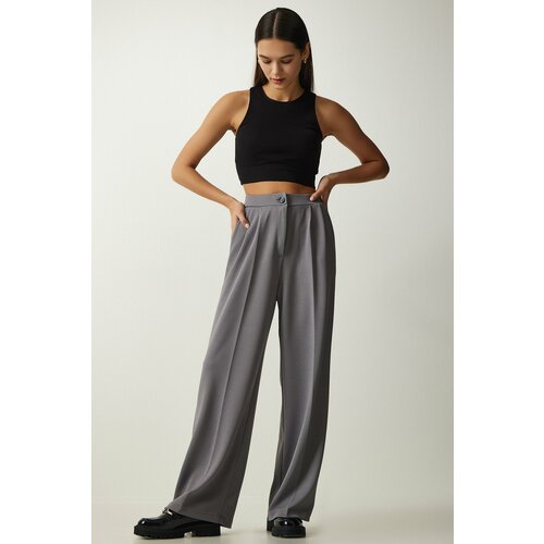 Happiness İstanbul Women's Gray Pleated Palazzo Trousers Cene