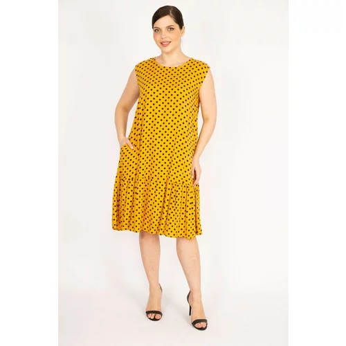 Şans Women's Yellow Plus Size Point Pattern Woven Viscose Fabric Skirt Layered Dress
