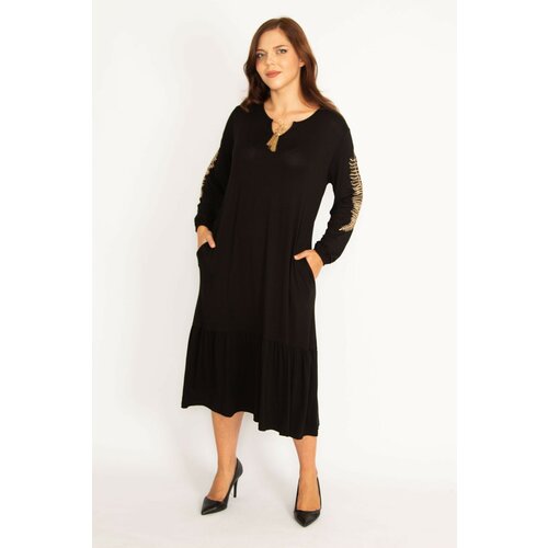 Şans Women's Plus Size Black Embroidery And Pocket Detailed Skirt Layered Long Sleeve Dress Cene