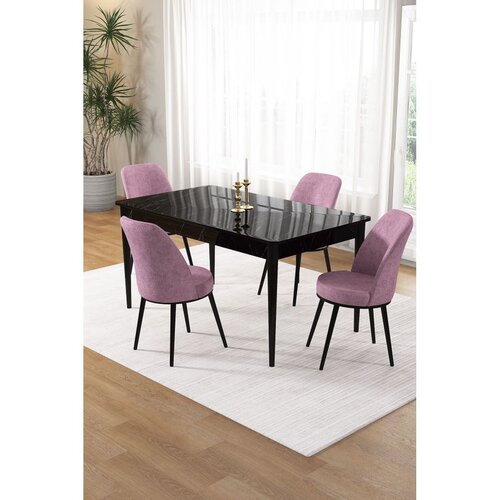 Hanah home trpezarijski set Pir, sto i 4 stolice, ploča u dekoru crnog mermera, roze tkanina Babyface Cene