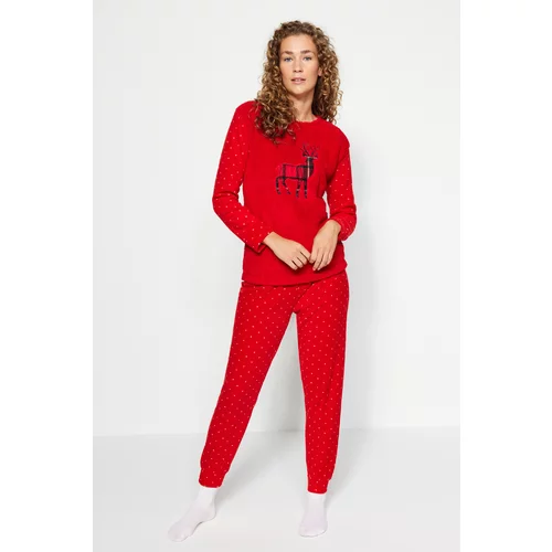 Trendyol Red Wellsoft Deer Pattern Knitted Pajamas Set