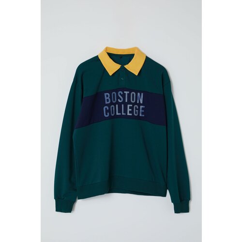 Trendyol Emerald Green Oversize/Wide Fit Shirt Collar Color Blocked Puffy Printed Cotton Sweatshirt Slike