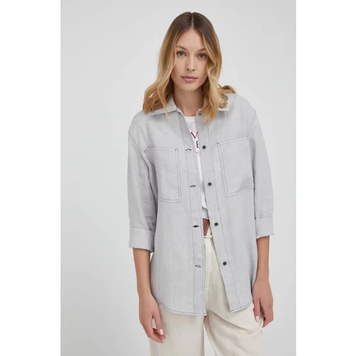 Emporio Armani Lanena košulja za žene, boja: siva, regular, s klasičnim ovratnikom