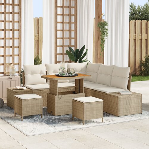 vidaXL 8-delna vrtna sedežna garnitura z blazinami Bež Poly Rattan Acacia Cene