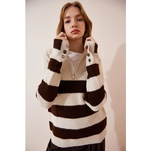  Women's Cream Brown Zippered Turtleneck Striped Knitwear Sweater