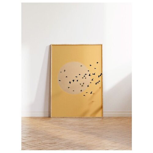 Wallxpert uramljena slika 115224, jato ptica ispred svetlog sunca na oker pozadini, 50 x 70 cm, ram u boji prirodnog drveta Slike