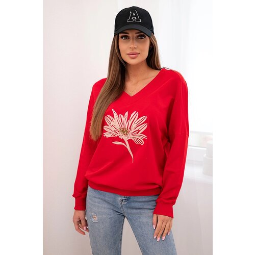 Kesi Women&amp;#039;s blouse with v-neck and embroidered flower red Slike
