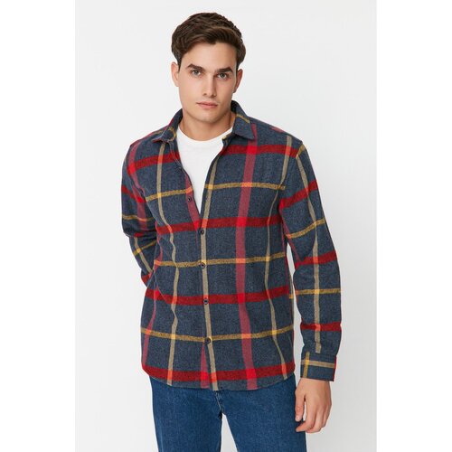 Trendyol Navy Blue Men Regular Fit Woodcut Plaid Shirt Slike