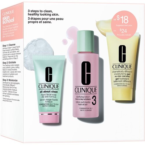 Clinique 3-Step Skin Care darilni set čistilna vodica za obraz Clarifying Lotion Twice A Day Exfoliator 2 60 ml + milo za obraz All About Clean Liquid Facial Soap Mild 30 ml + vlažilna emulzija Dramatically Different Moisturizing Lotion 30 ml za ženske Slike