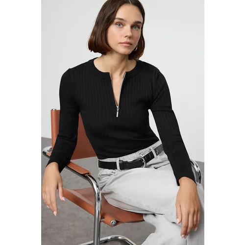 Trendyol Black Basic Half Placket Zipper Thin Knit Sweater