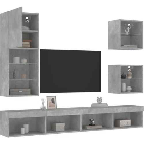 vidaXL 5-dijelni zidni TV elementi s LED svjetlima boja betona drveni