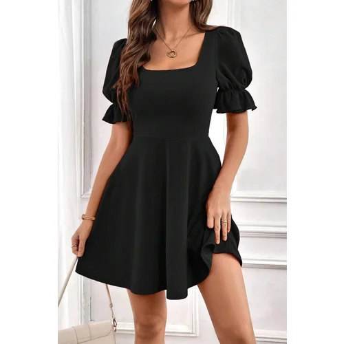 Dewberry 48753 Mini Size Balloon Sleeve Crepe Dress-BLACK