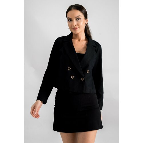 armonika Women's Black Double Breasted Collar Gabardine Crop Jacket Slike
