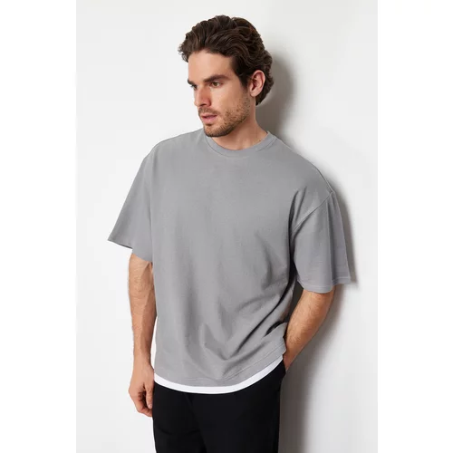 Trendyol Men's Gray Oversize Piece Detailed Textured 100% Cotton T-Shirt