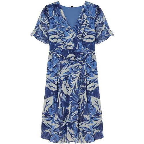 Trendyol Curve Blue Tropical Leaf Patterned Chiffon Double Breasted Woven Dress Slike