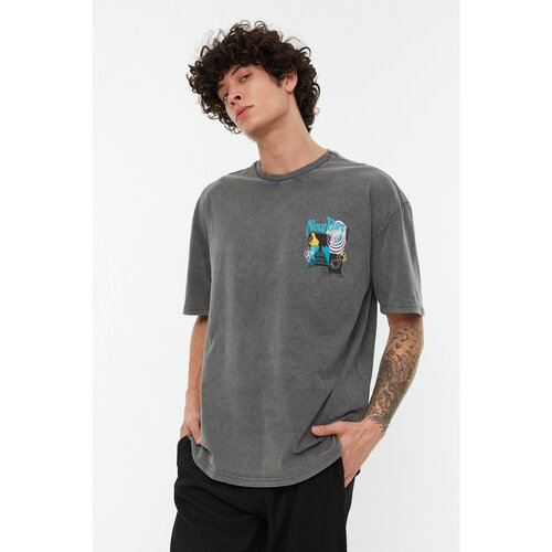 Trendyol Anthracite Men's Relaxed Fit Cycling Collar Short Sleeve Acid Wash Printed T-Shirt Cijene