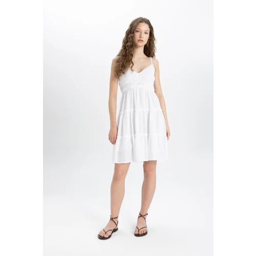 Defacto A-Line V-Neck Strappy White Short Sleeve Dress