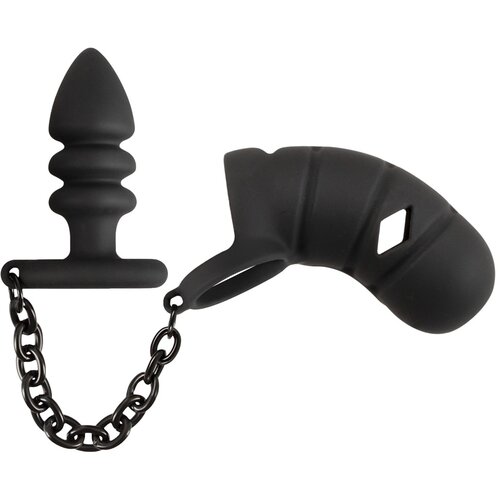 Black Velvets Cock Cage with Butt Plug Slike
