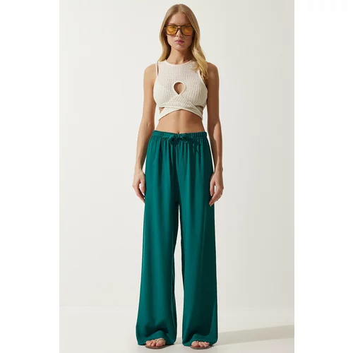 Happiness İstanbul Women's Emerald Green Flowy Knitted Palazzo Trousers