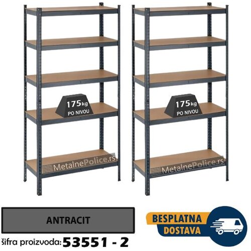 Komplet od 2 police metal-medijapan 180x75x35cm 5x175kg – Dimenzije komleta 180x150x35cm antracit Slike