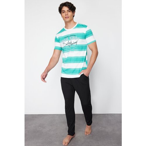 Trendyol Men's Green Regular Fit Striped Knitted Pajama Set Cene
