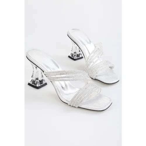 Shoeberry Women's Bien Silver Plated Stone Heeled Slippers