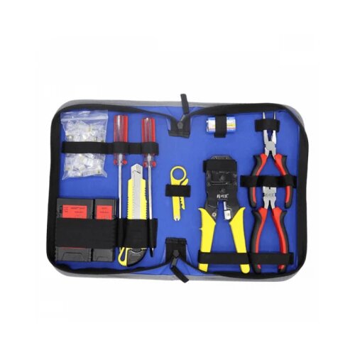 Komplet alata za računarske i telekomunikacione mreže Noyafa NF-1304 – RJ45/RJ12 krimp klješta sa sečicama, UTP/STP omski RJ45/RJ11 tester, skalpel, 2 x šrafciger, 2 x klješta, striper za blankiranje kabla i 110 impact Cene