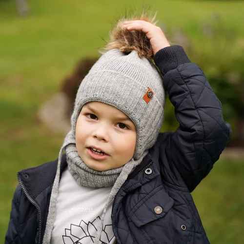 AGBO Boy's winter set: hat and tube scarf mustard Dominik with pompom