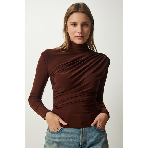 Women's Brown Gathered Detailed High Neck Sandy Blouse Slike