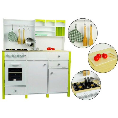 Lean_Toys Lesena Otroška Kuhinja Zeleno Beli Paula Odpiralni Elementi Cene
