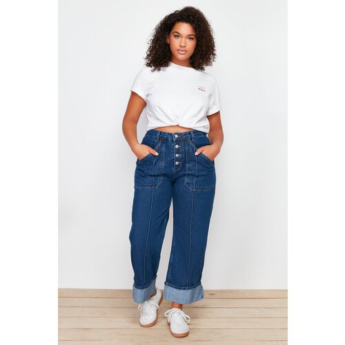 Trendyol Curve Dark Blue Curling Leg Detailed Straight Fit Jeans Cene