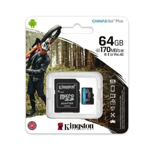 Kingston MicroSD 64GB, Canvas Go! Plus, Class10 UHS-I U3 V30 A2, Read up to 200MB/s, for 4K and FullHD video recording, w/SD adapter ( SDCG Slike