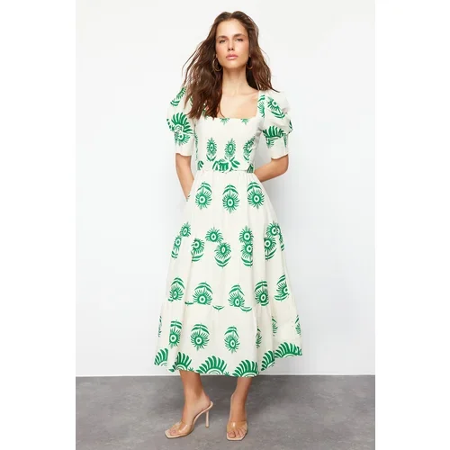 Trendyol Green Patterned Square Collar Linen Look Woven Midi Dress with Belt